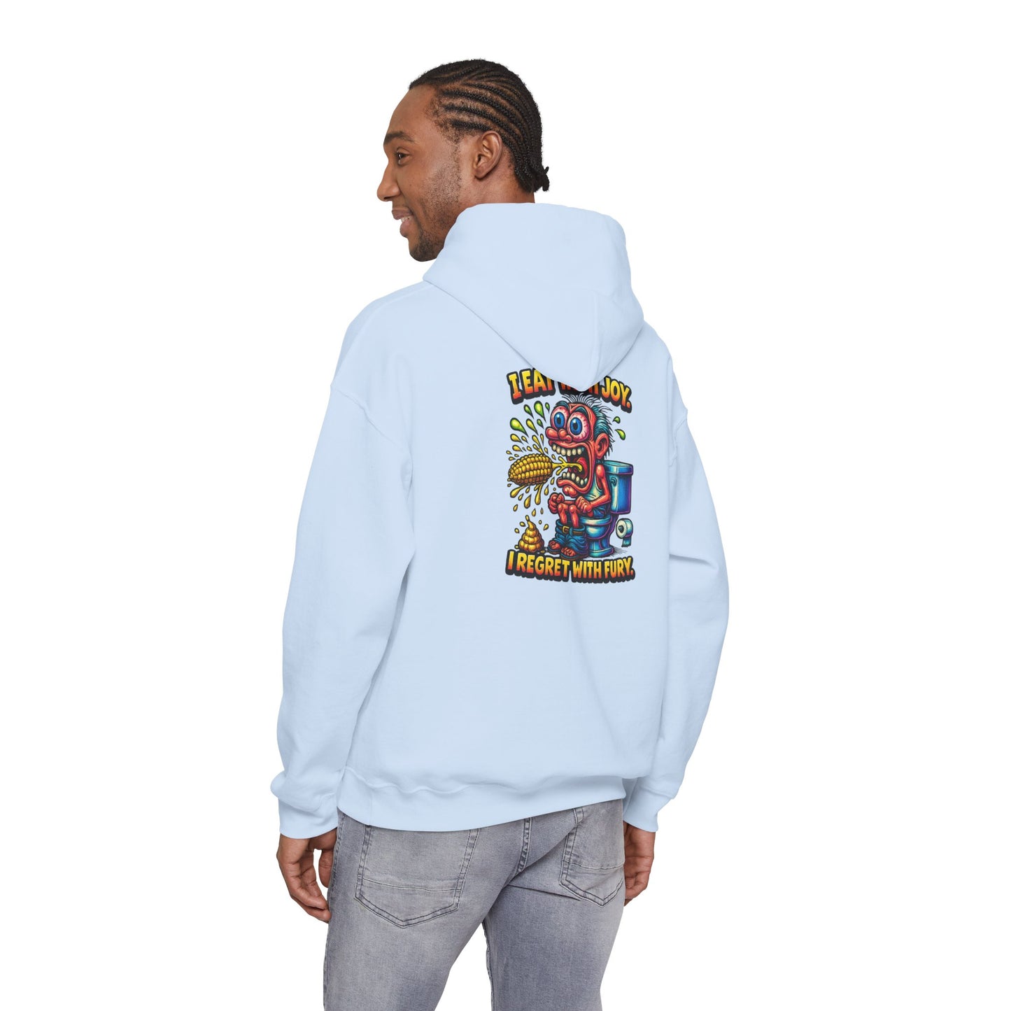 Toilet Trouble Hoodie — “I Regret With Fury” Graphic Hooded Sweatshirt