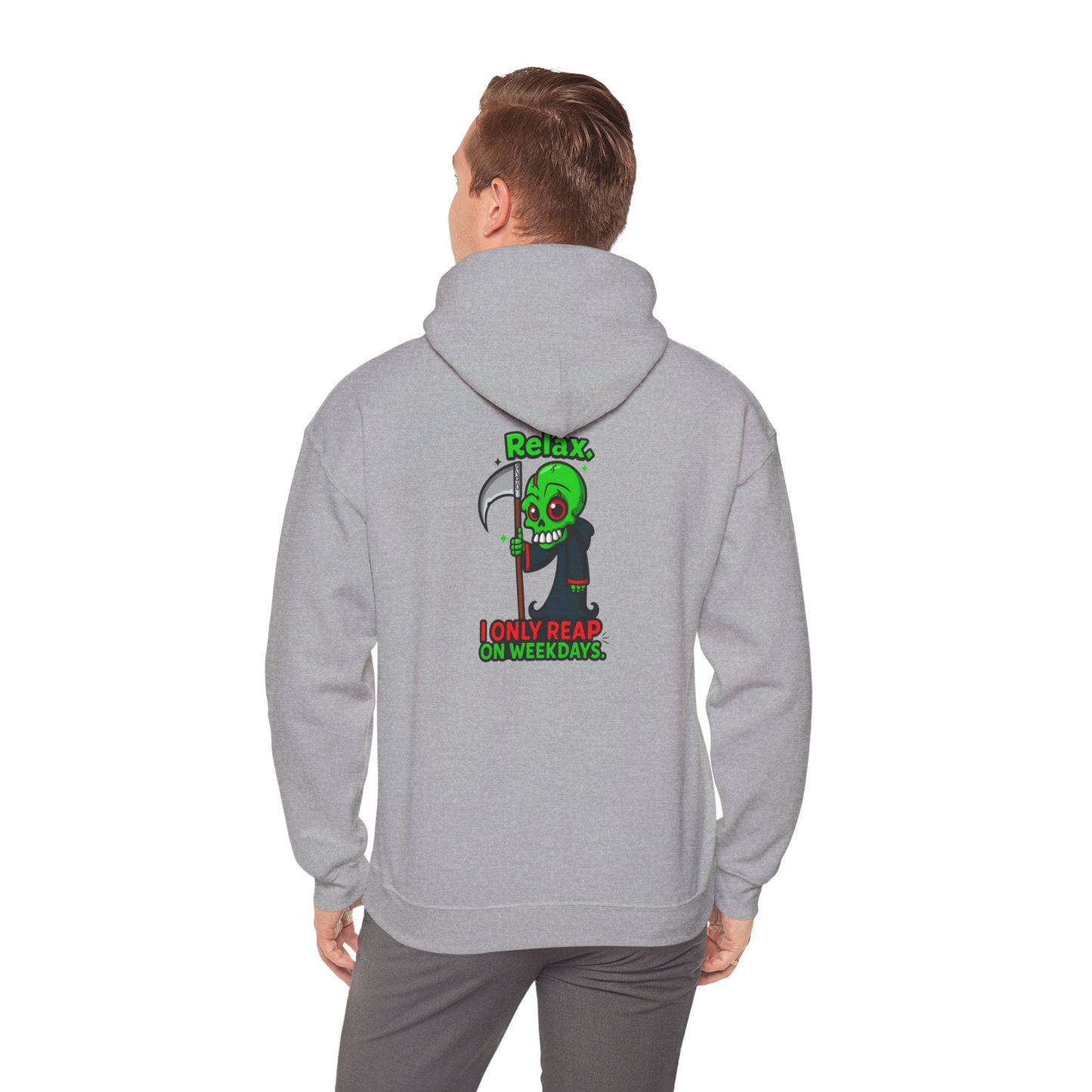 Grim Reaper Cartoon Hoodie — "I Only Read on Weekdays" Graphic Pullover