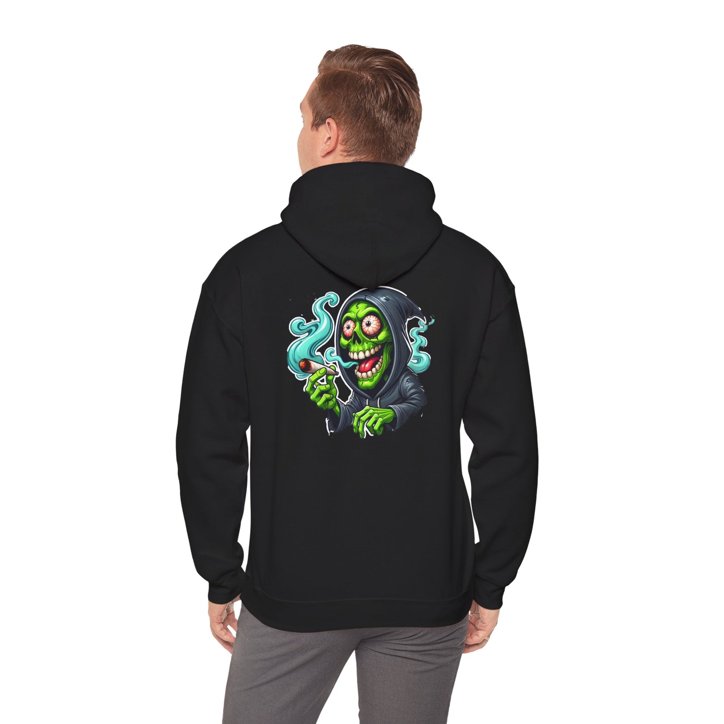 Grinning Reaper Hooded Sweatshirt – Spooky Green Skull Smoking Hoodie