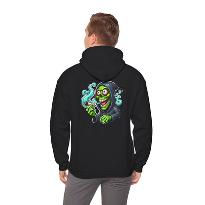 Grinning Reaper Hooded Sweatshirt – Spooky Green Skull Smoking Hoodie