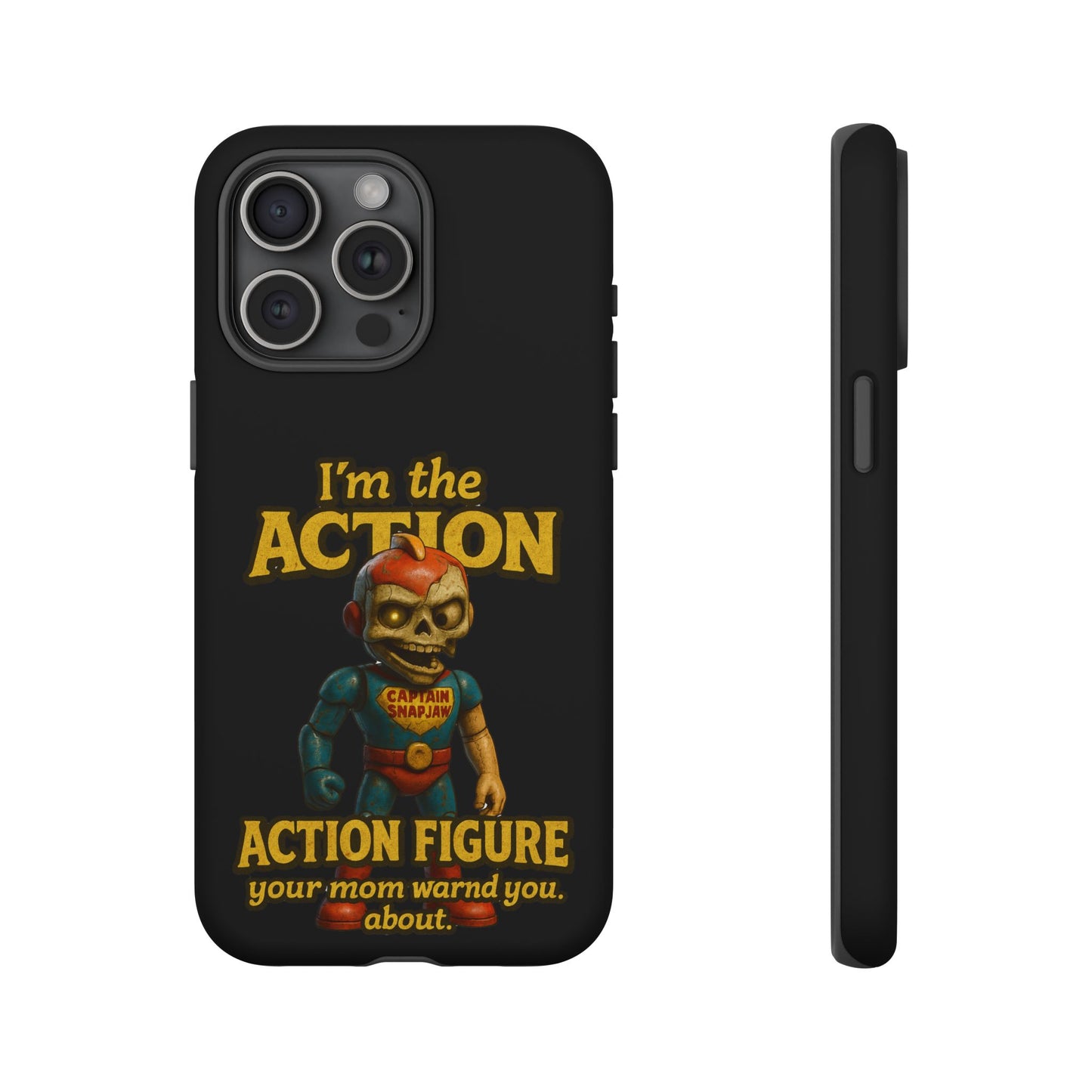 Action Figure Phone Case — "I'm the Action" Retro Skull Toy Design