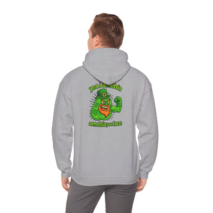 Amebiavirus St. Patrick's Day Hoodie — Funny Green Germ Mascot with 'yea bia amebiavirusface' Text