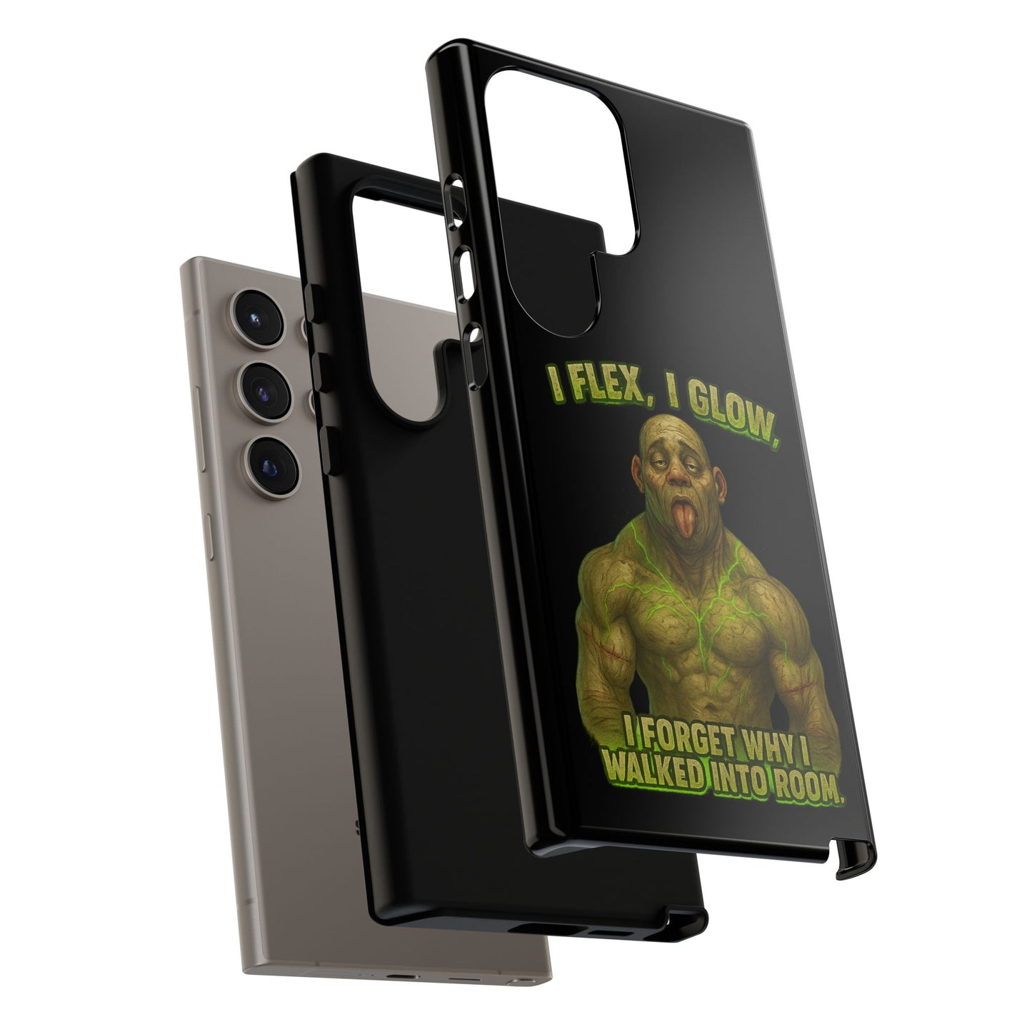 Funny Glow Gym Phone Case — "I Flex, I Glow" Humorous Bodybuilder Design