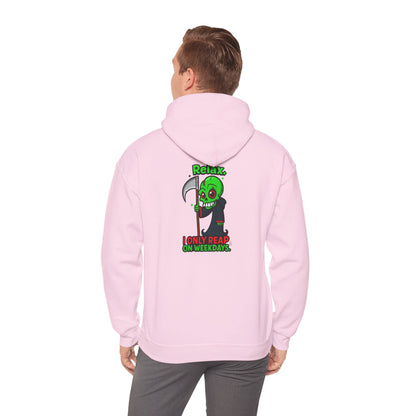 Grim Reaper Cartoon Hoodie — "I Only Read on Weekdays" Graphic Pullover