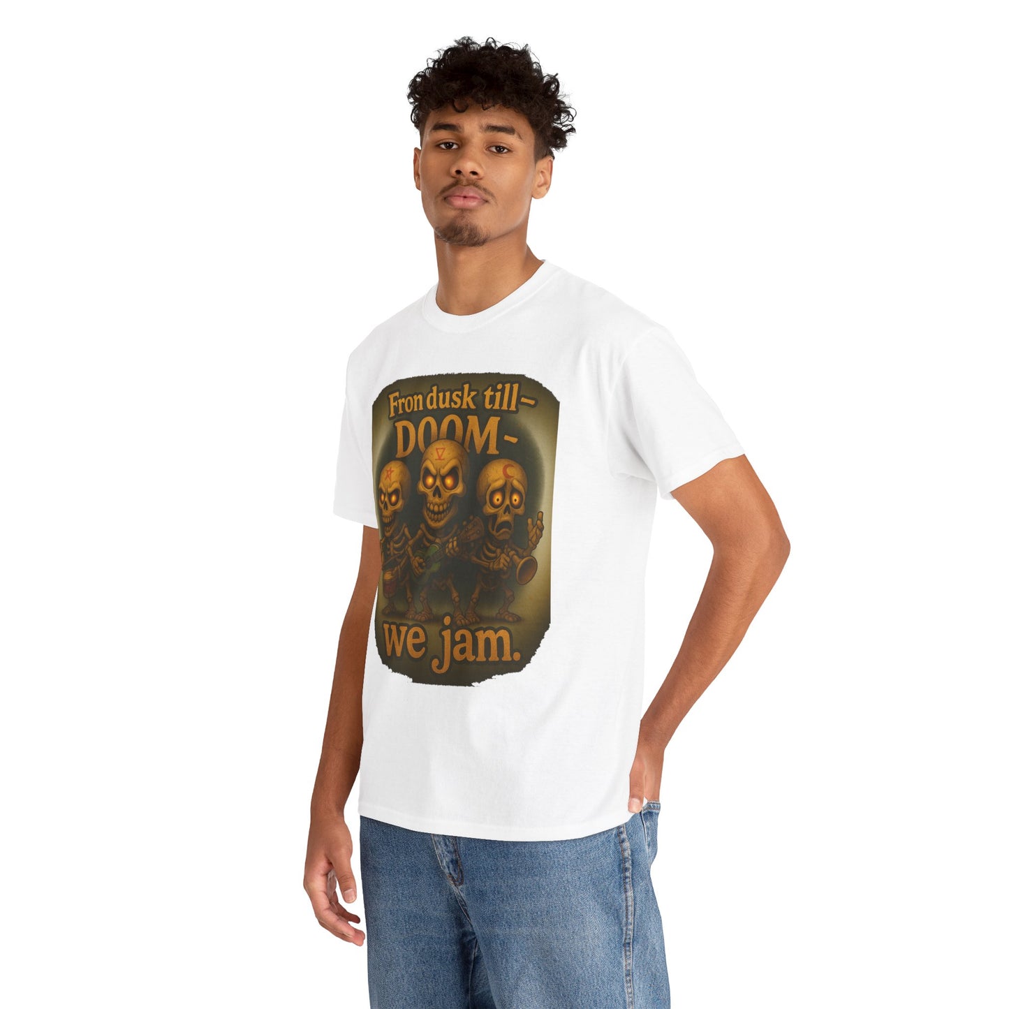 T-Shirt — "From Dusk Till Doom We Jam" Skull Band Graphic Tee