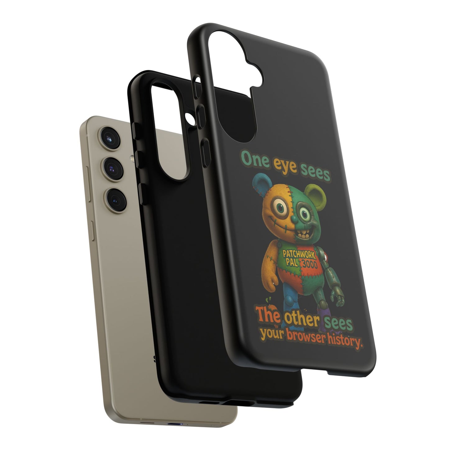 Phone Case — 'One Eye Sees, The Other Sees Your Browser History' Patchwork Bear Design
