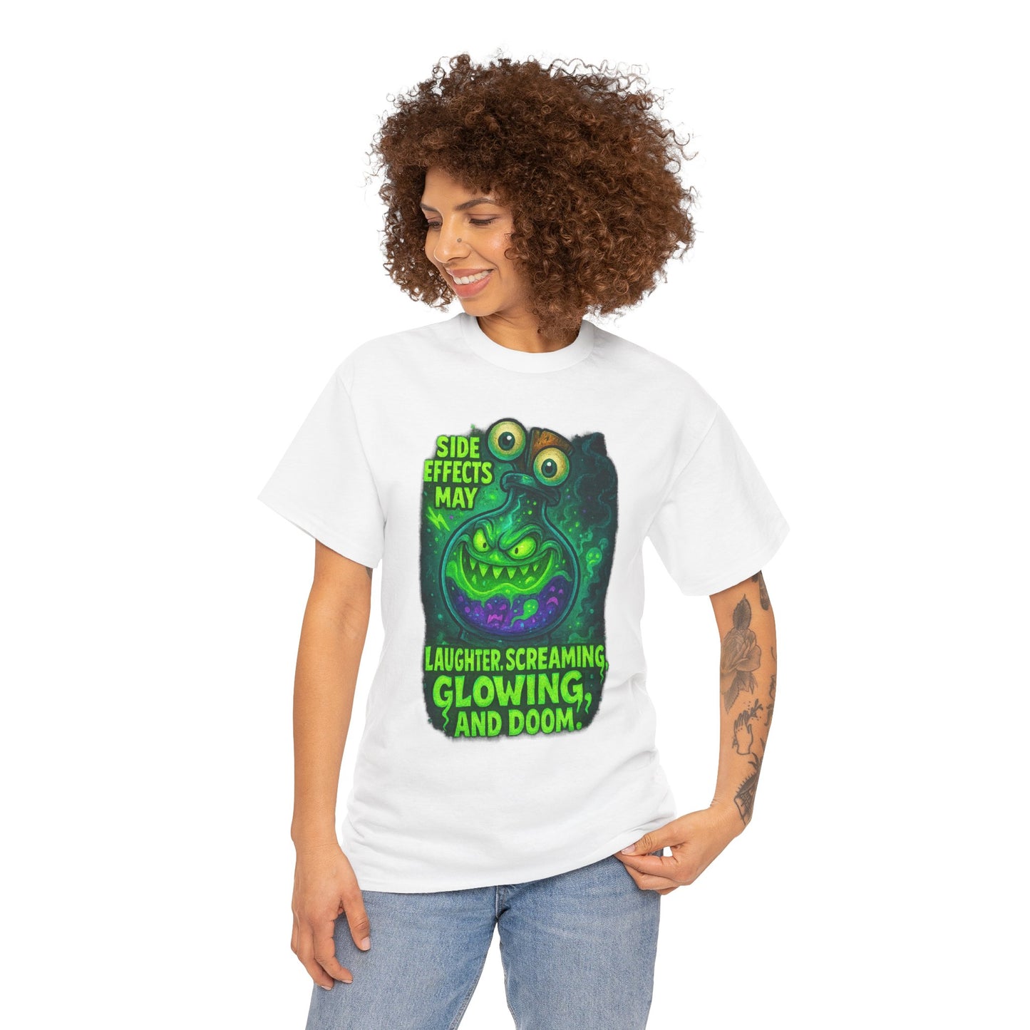 T-Shirt — "Side Effects May Include: Laughter, Screaming, Glowing, and Doom" Neon Monster Graphic