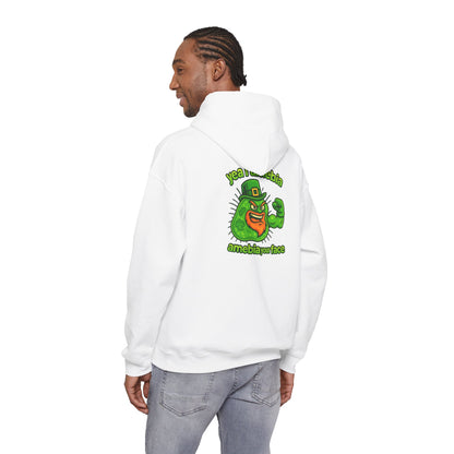 Amebiavirus St. Patrick's Day Hoodie — Funny Green Germ Mascot with 'yea bia amebiavirusface' Text