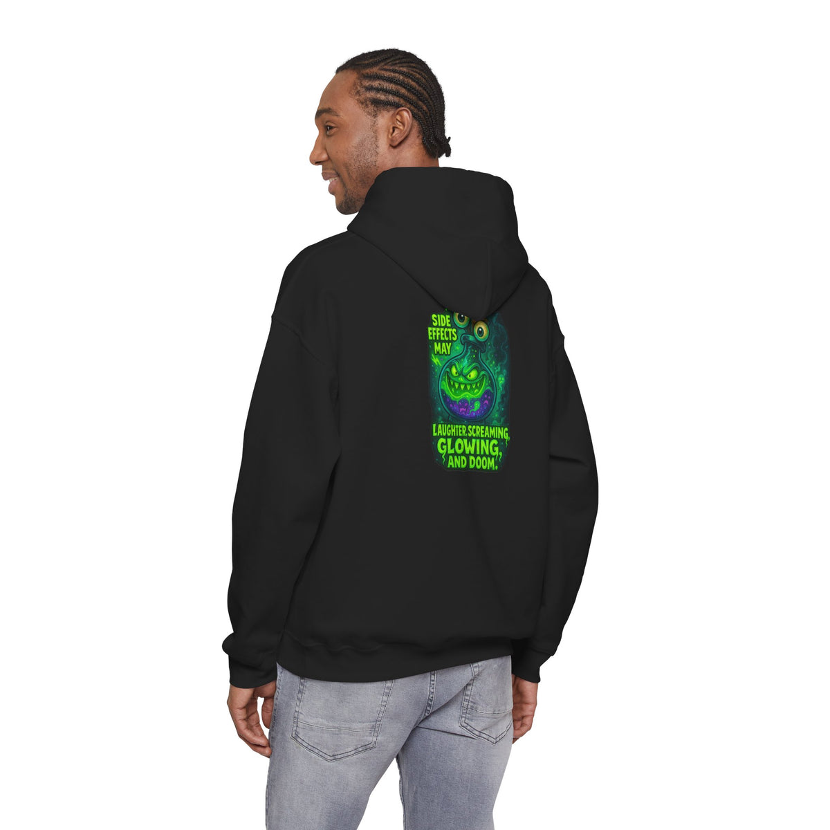 Glowing Green Monster Hoodie - "Causes Screaming, Glowing, and Doom" Graphic Pullover
