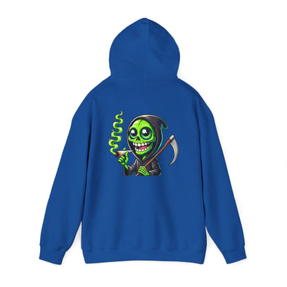 Grinning Green Grim Reaper Hoodie – Neon Smoking Skeleton Graphic Sweatshirt