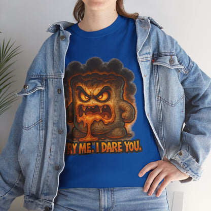 Graphic Tee — Fiery Toast 'Try Me, I Dare You' Cartoon Shirt