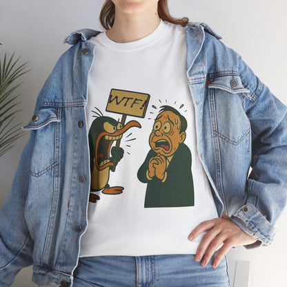 Graphic Tee - Cartoon Penguin Yelling “WTF” at Shocked Man