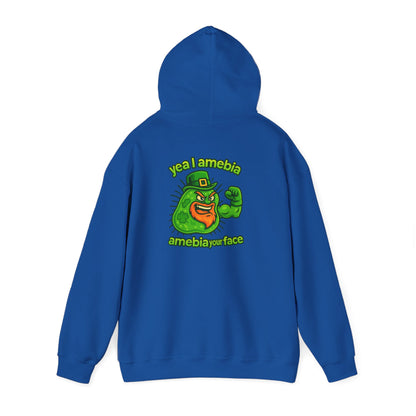 Amebiavirus St. Patrick's Day Hoodie — Funny Green Germ Mascot with 'yea bia amebiavirusface' Text