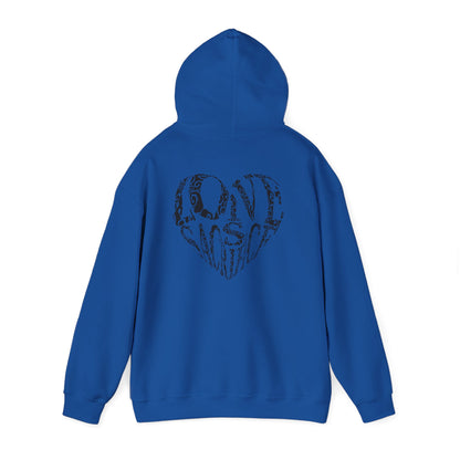Hoodie — Black Heart Typography “Love” Graphic Pullover