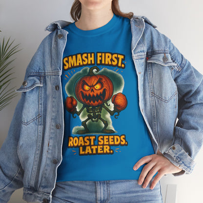Smash First Pumpkin Boxer illustration T-Shirt | Halloween pumpkin design
