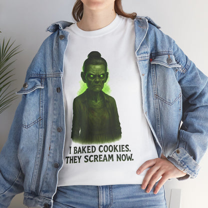 Creepy Green Girl Illustration T-Shirt | I Baked Cookies They Scream Now