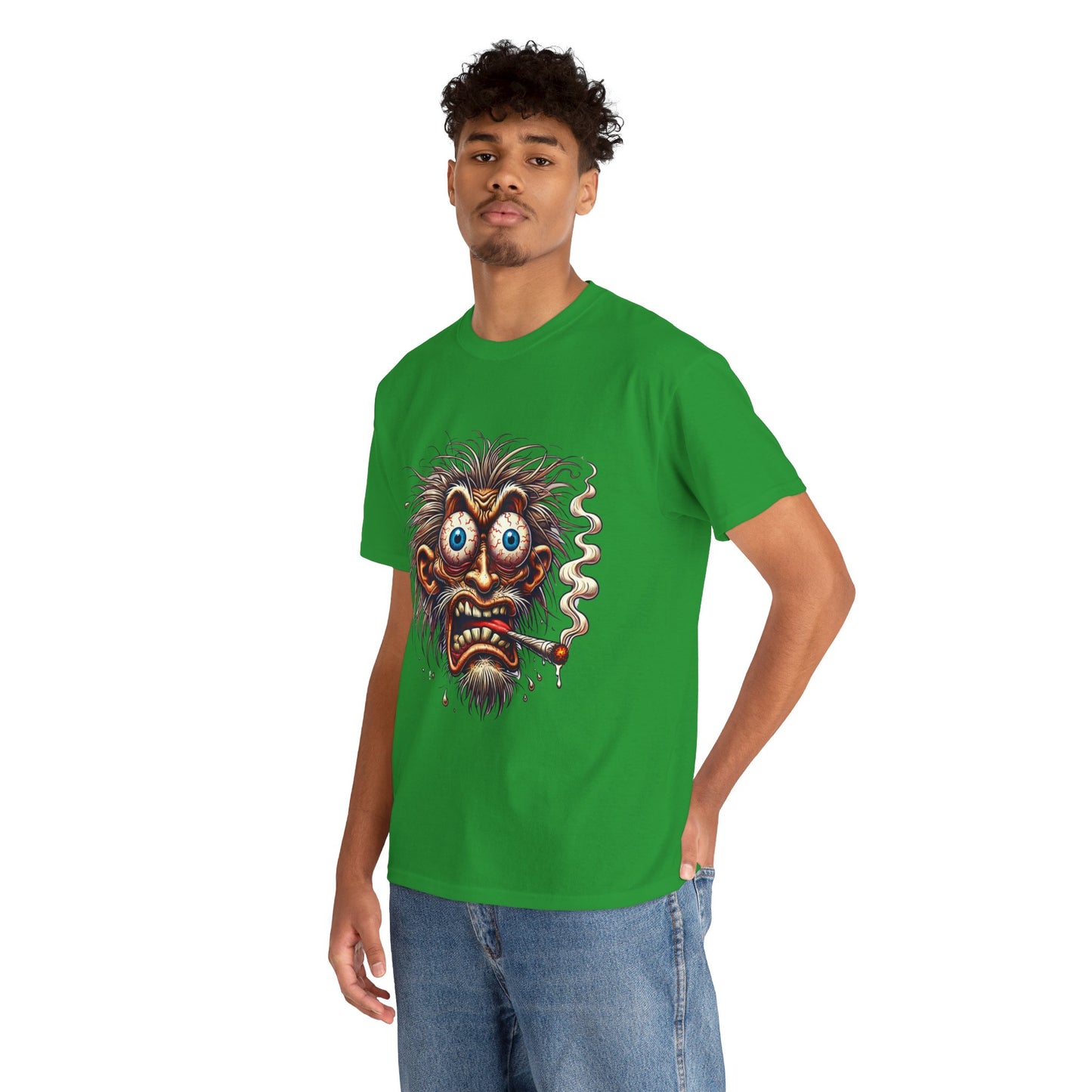 Graphic Tee — Wild-eyed Grinning Monster Head Smoking Cigarette Shirt