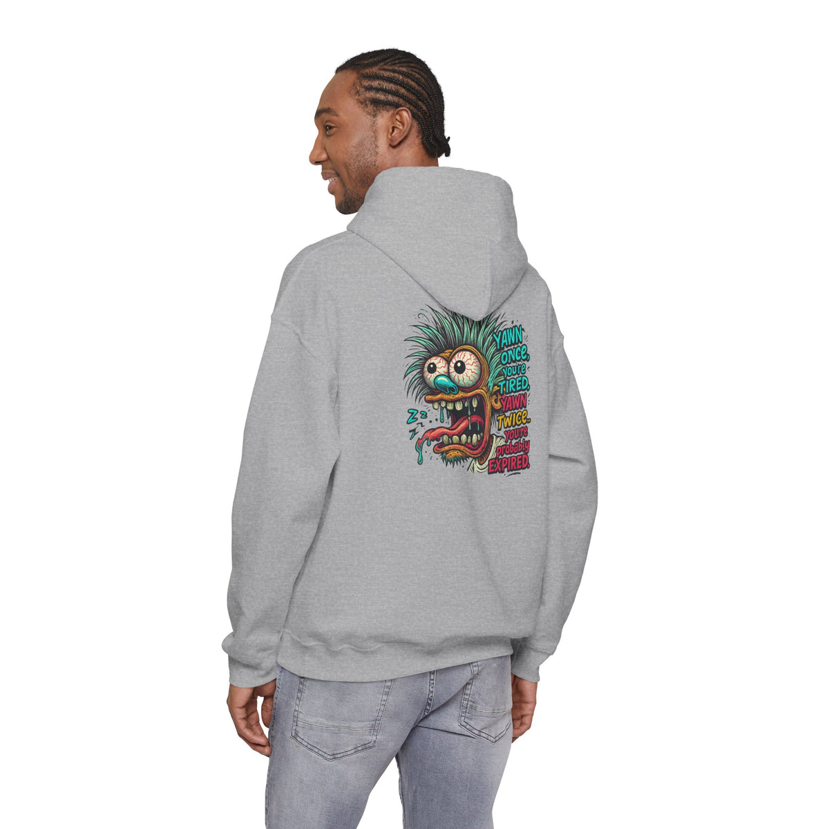 Skater Monster Graphic Hoodie — “Yawn Once, Yawn Twice, Never Appear” Retro Skate Pullover