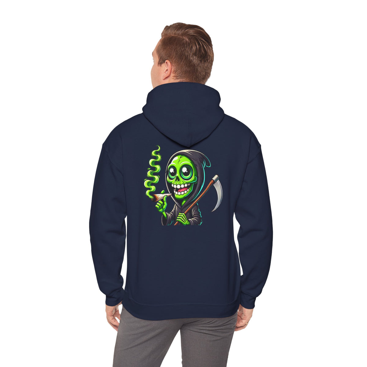 Grinning Green Grim Reaper Hoodie – Neon Smoking Skeleton Graphic Sweatshirt