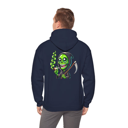 Grinning Green Grim Reaper Hoodie – Neon Smoking Skeleton Graphic Sweatshirt