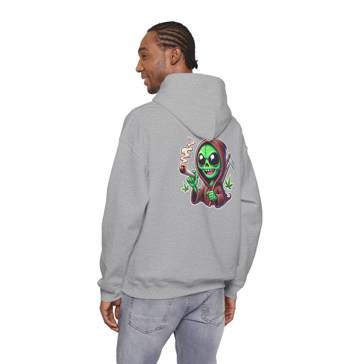 Reaper Alien Hoodie – Cute Green Grim Reaper Smoking Cartoon Graphic Hooded Sweatshirt