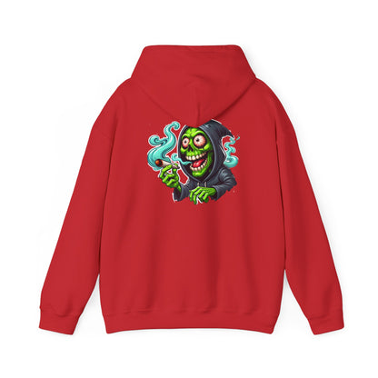 Grinning Reaper Hooded Sweatshirt – Spooky Green Skull Smoking Hoodie