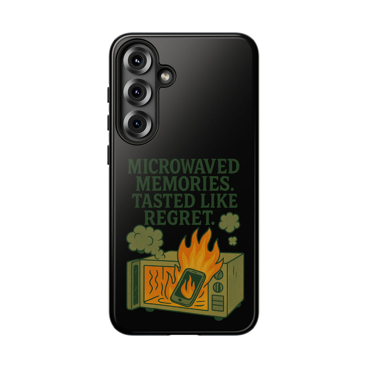 Microwaved Memories Phone Case — 'Microwaved Memories. Tasted Like Regret.' Retro Fire Design