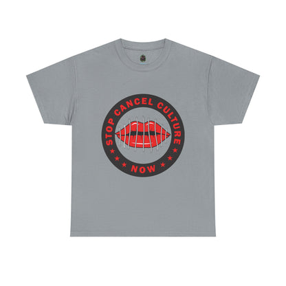 Stop Cancel Culture Now – Free Speech Tee (Barred Lips Design)