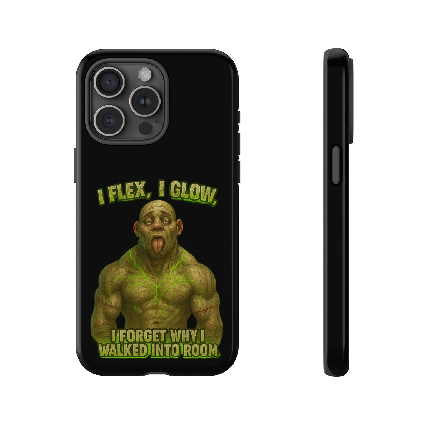 Funny Glow Gym Phone Case — "I Flex, I Glow" Humorous Bodybuilder Design