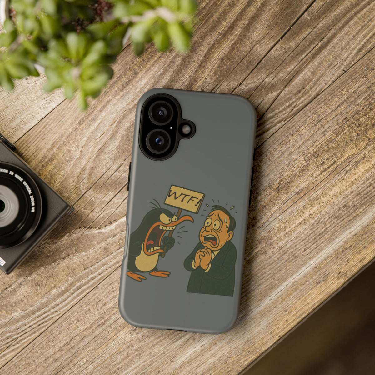 Phone Case - Cartoon Penguin Yelling 'WTF' at Shocked Man, Funny Protective iPhone Cover