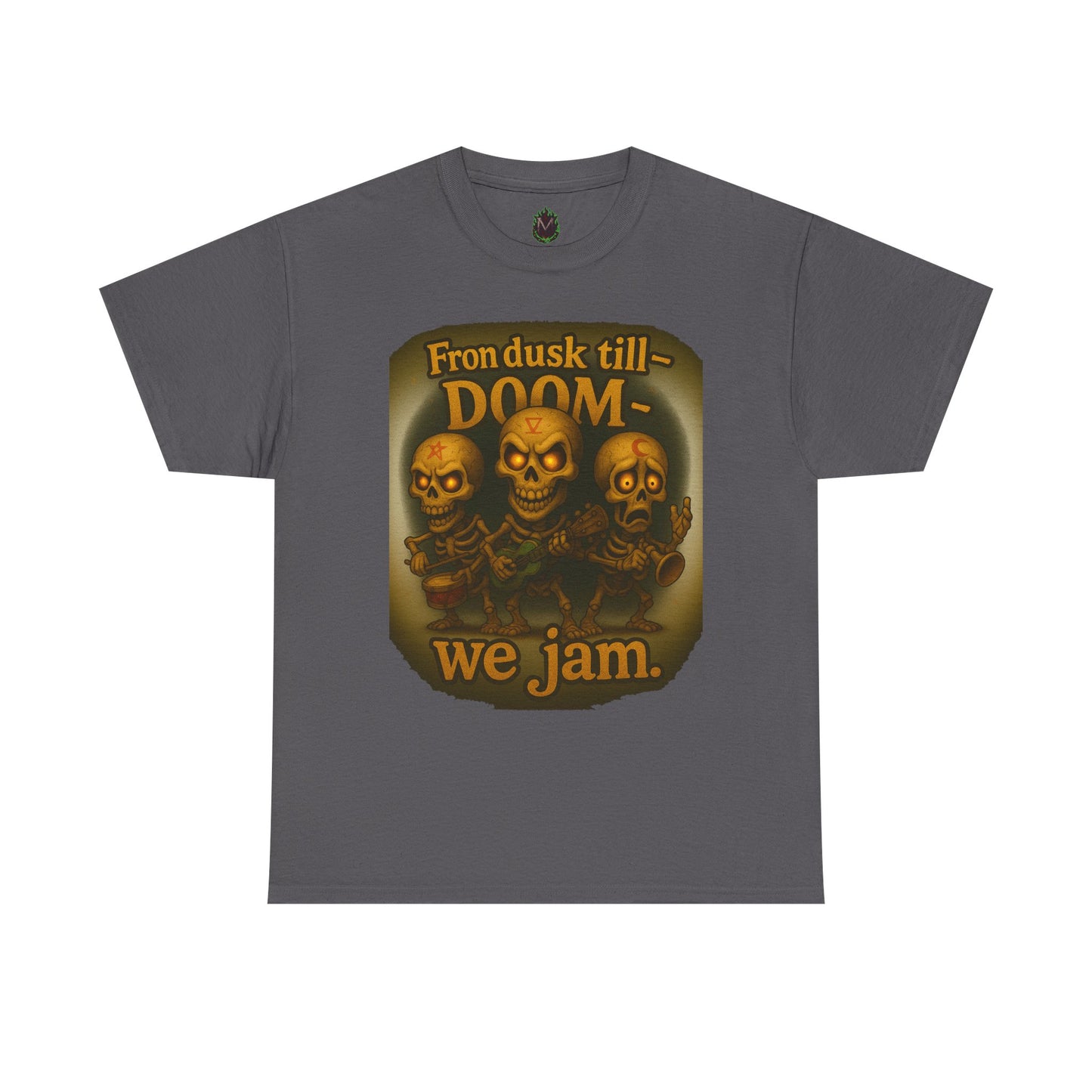 T-Shirt — "From Dusk Till Doom We Jam" Skull Band Graphic Tee