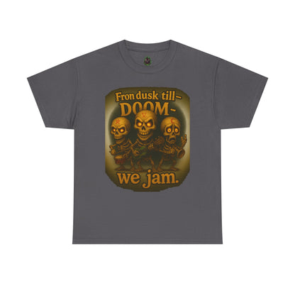 T-Shirt — "From Dusk Till Doom We Jam" Skull Band Graphic Tee