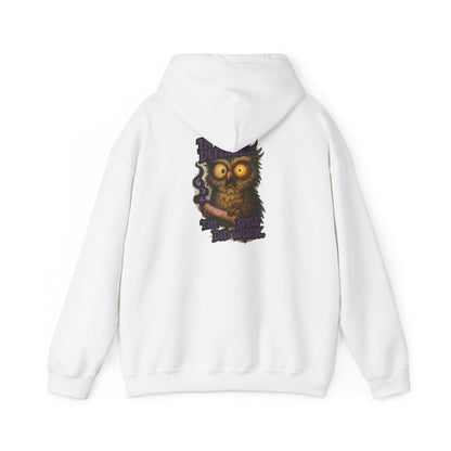 Owl With Scroll Hoodie — Vintage Spooky Owl Back Print Hooded Sweatshirt