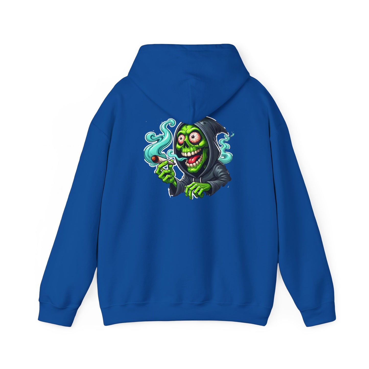 Grinning Reaper Hooded Sweatshirt – Spooky Green Skull Smoking Hoodie