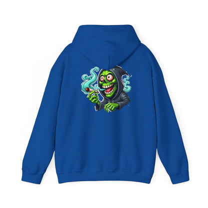 Grinning Reaper Hooded Sweatshirt – Spooky Green Skull Smoking Hoodie