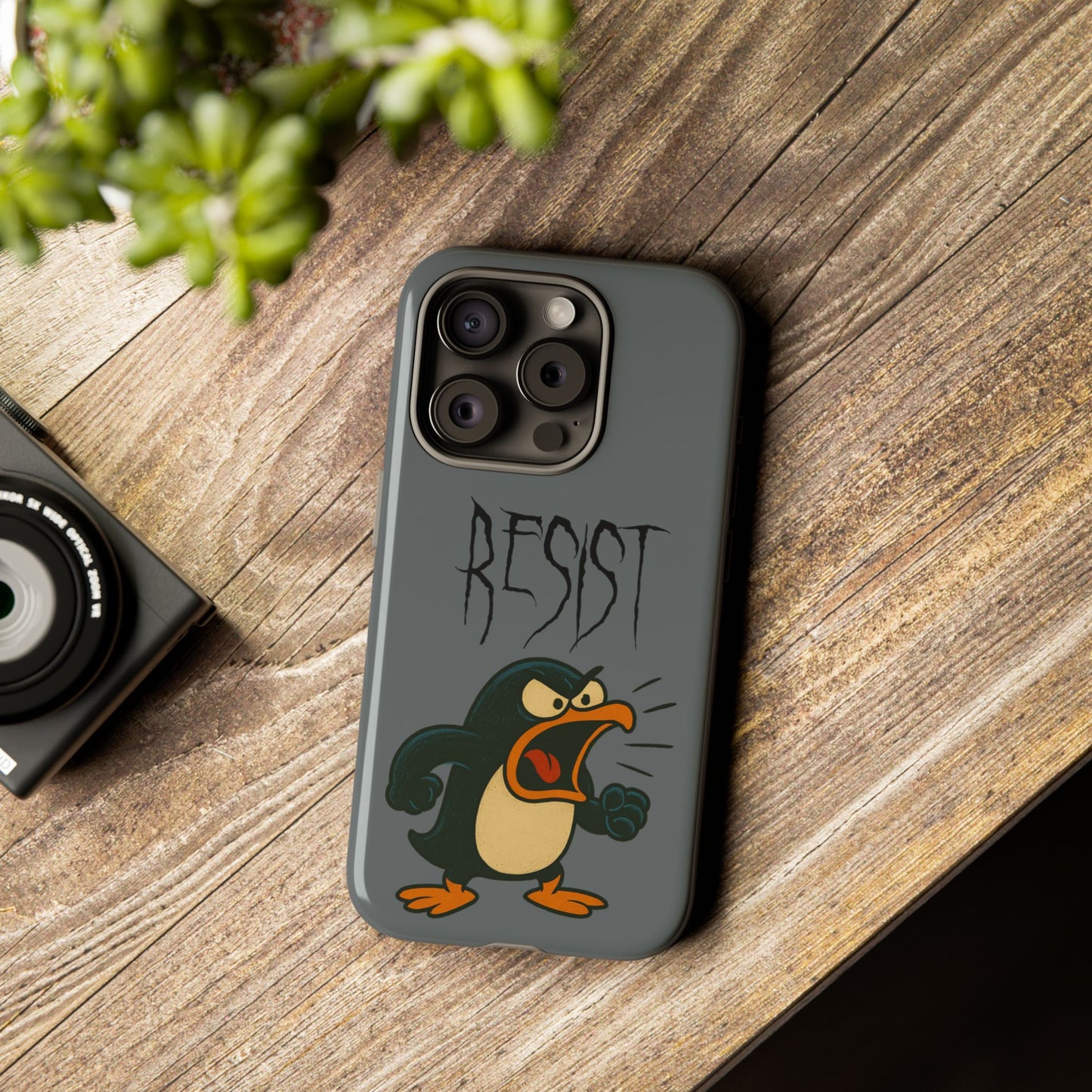 Resist Angry Penguin Phone Case — Protective iPhone Case with Bold Cartoon Design