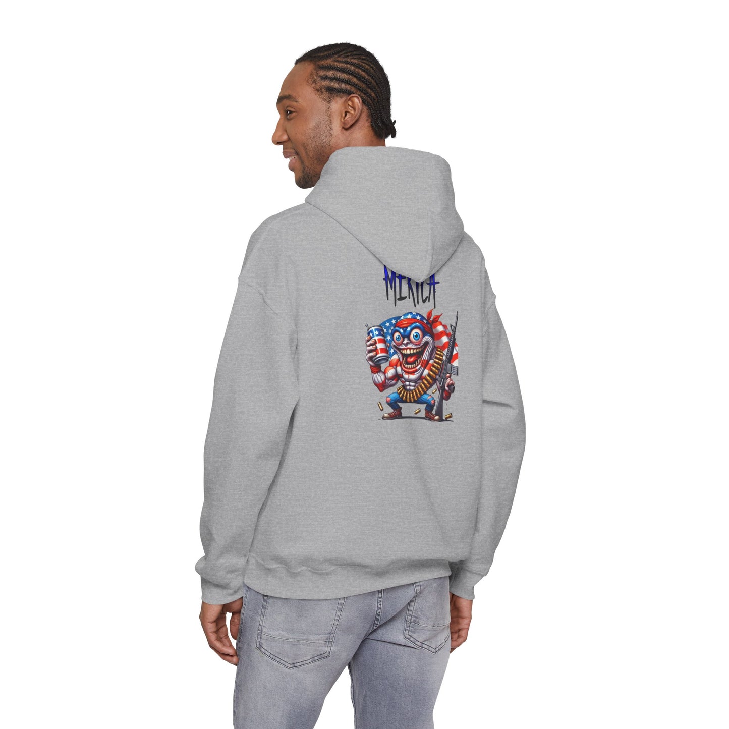 Patriotic Retro Hoodie — American Flag Skull Character Back Graphic
