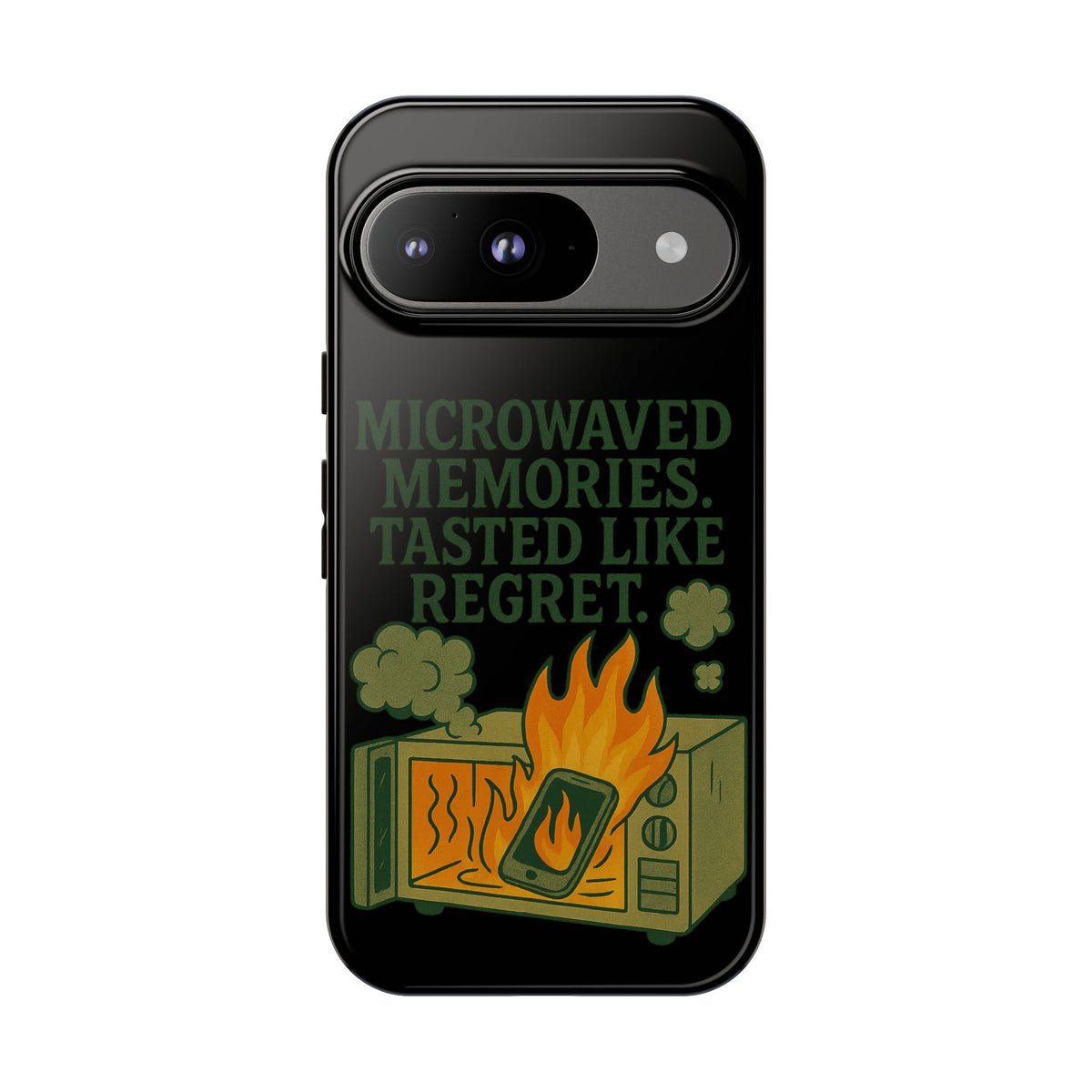 Microwaved Memories Phone Case — 'Microwaved Memories. Tasted Like Regret.' Retro Fire Design