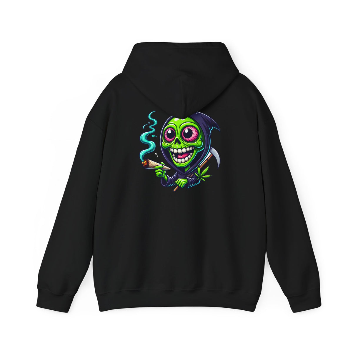 Grinning Green Grim Reaper Hoodie - Cute Creepy Smoking Skull Graphic Sweatshirt