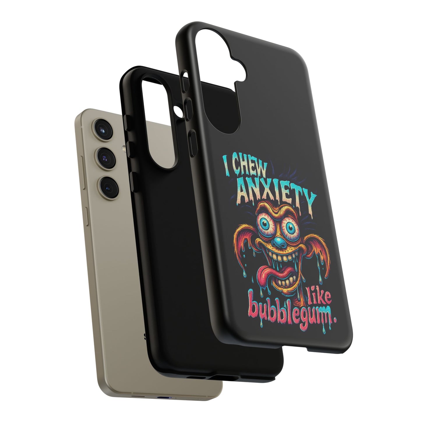 Phone Case — "I Chew Anxiety Like Bubblegum" Retro Monster Design