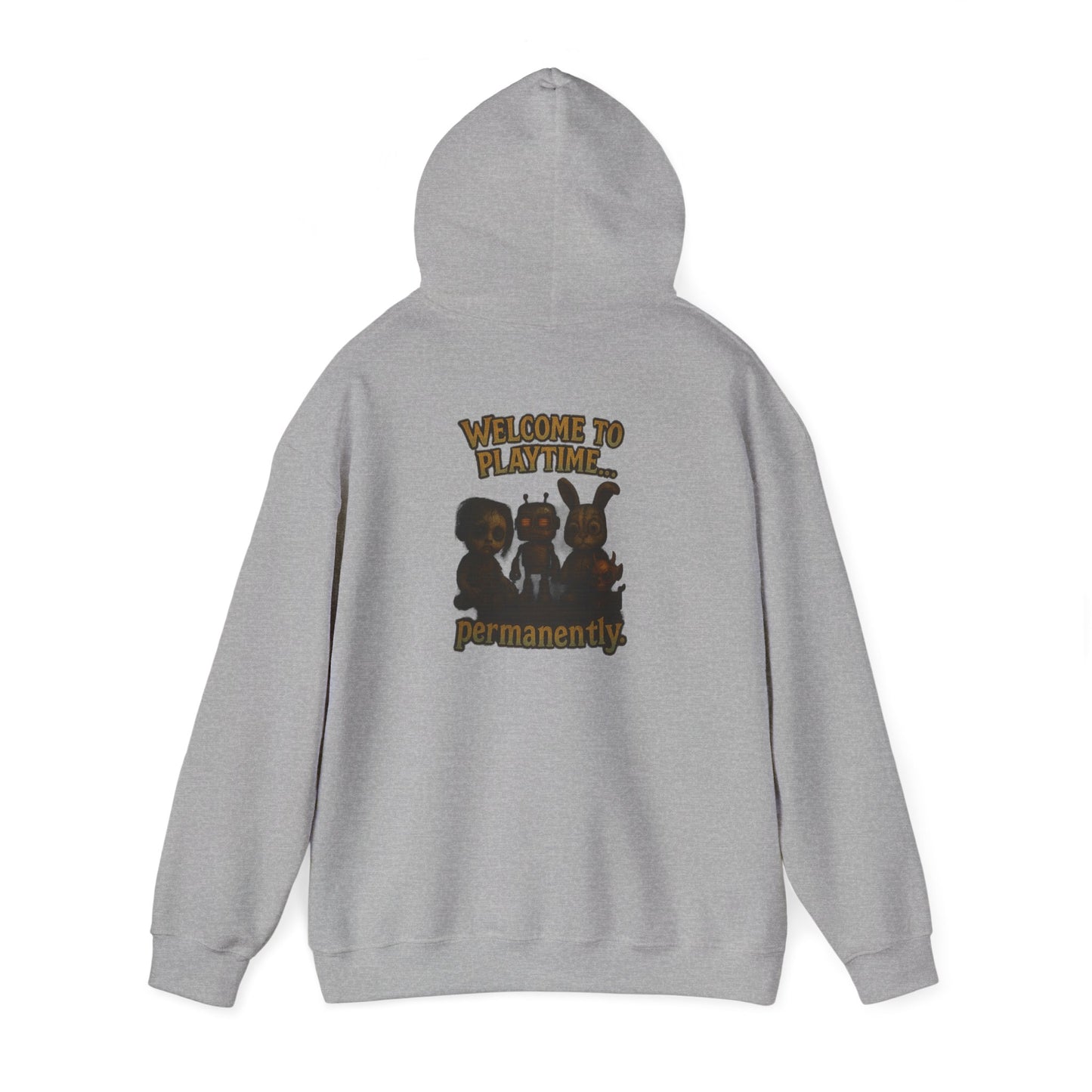 Hoodie — 'Welcome Playtime Permanently' Vintage Horror Character Back Graphic