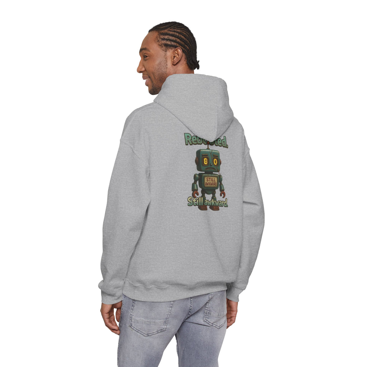 Robot Graphic Hoodie — "Rebooted. Socially Awkward." Retro Cute Robot Back Print