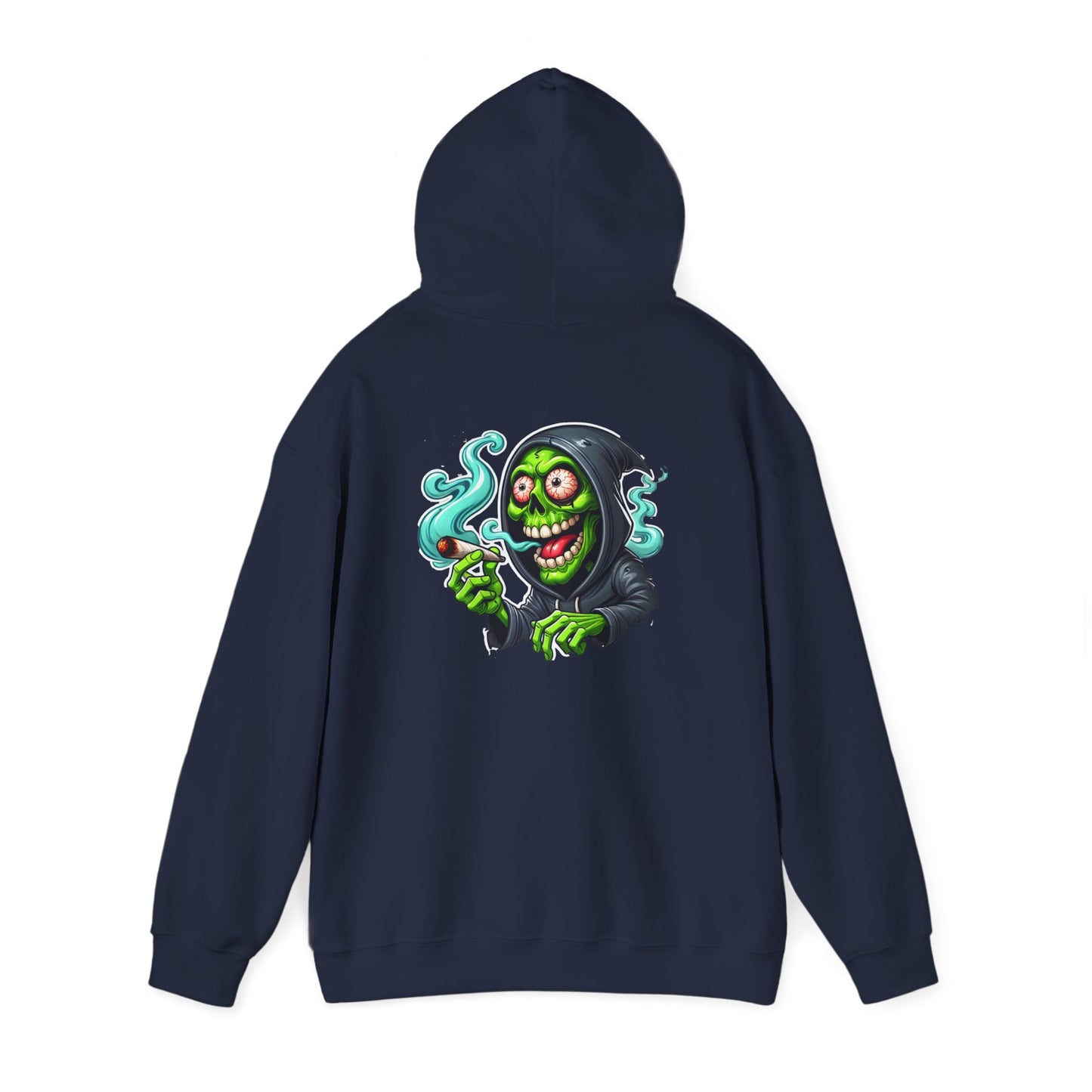 Grinning Reaper Hooded Sweatshirt – Spooky Green Skull Smoking Hoodie