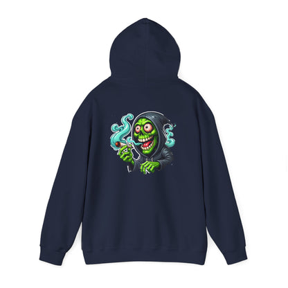Grinning Reaper Hooded Sweatshirt – Spooky Green Skull Smoking Hoodie