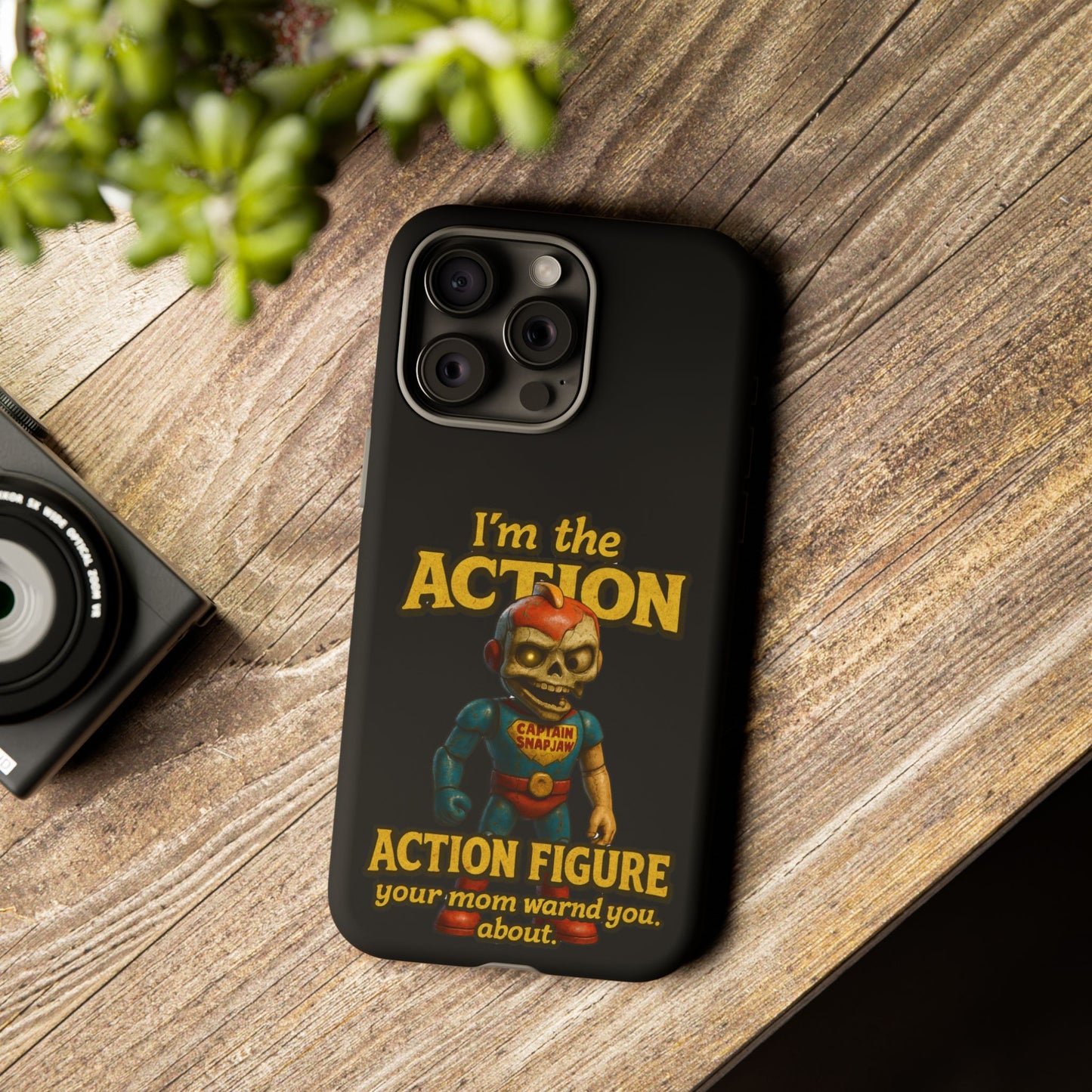 Action Figure Phone Case — "I'm the Action" Retro Skull Toy Design