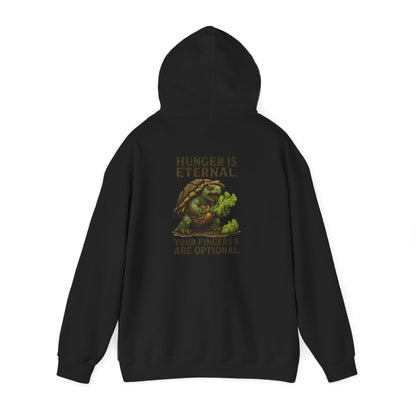 Hoodie — 'Hunger Is Eternal, Your Fingers Are Optional' Turtle Back-Print Hoodie