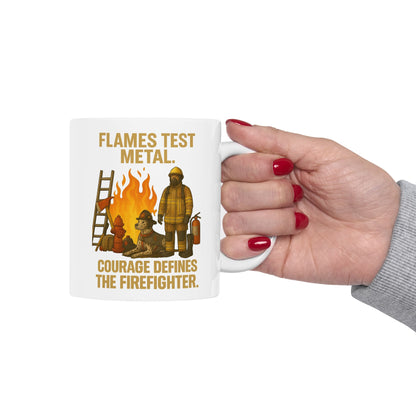 Flames Test Metal – Courage Defines the Firefighter Mug