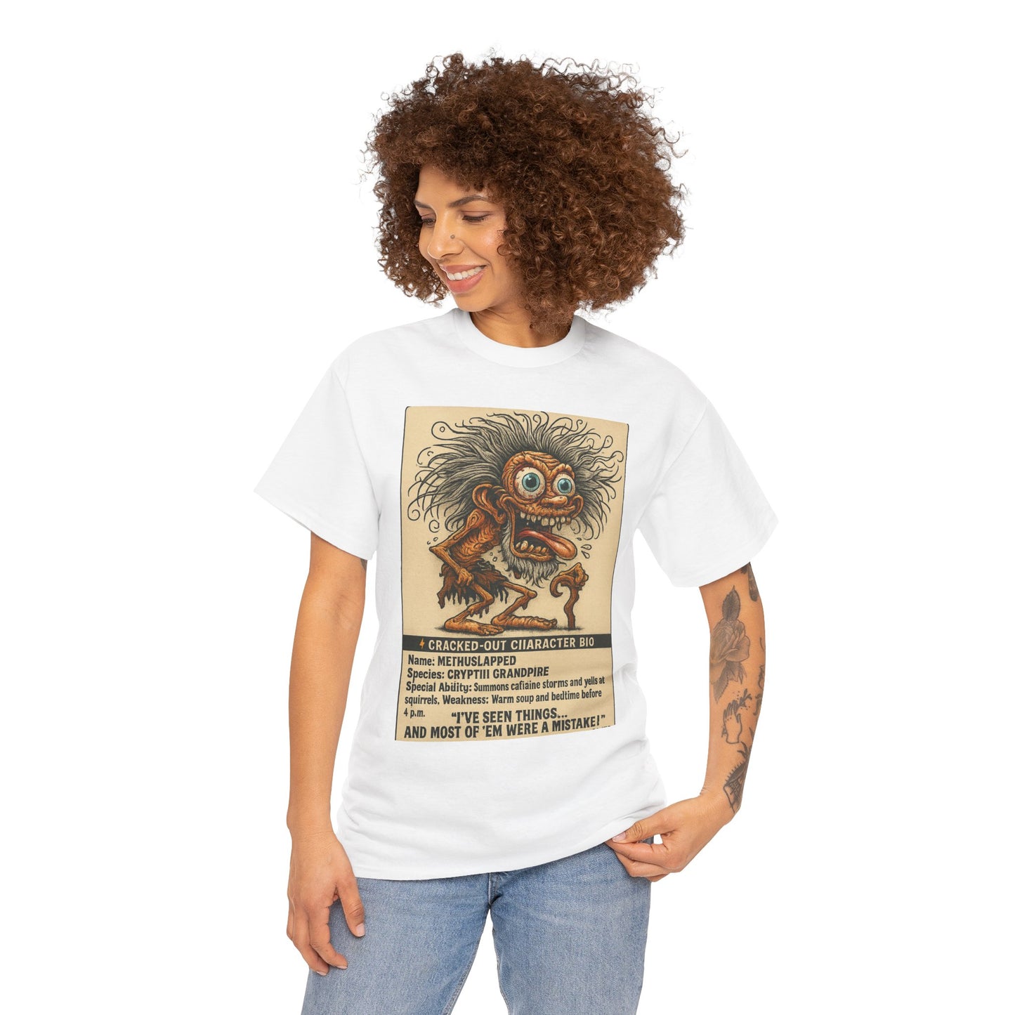 Methslapped – Cryptid Grandpa Character Bio T-Shirt