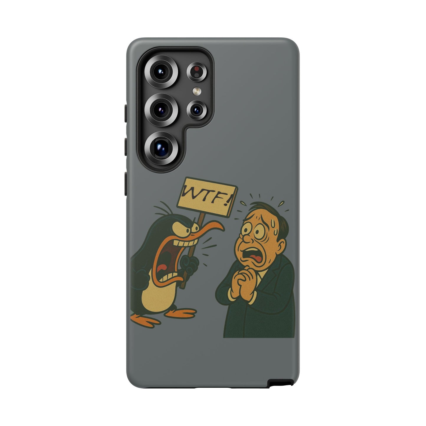 Phone Case - Cartoon Penguin Yelling 'WTF' at Shocked Man, Funny Protective iPhone Cover