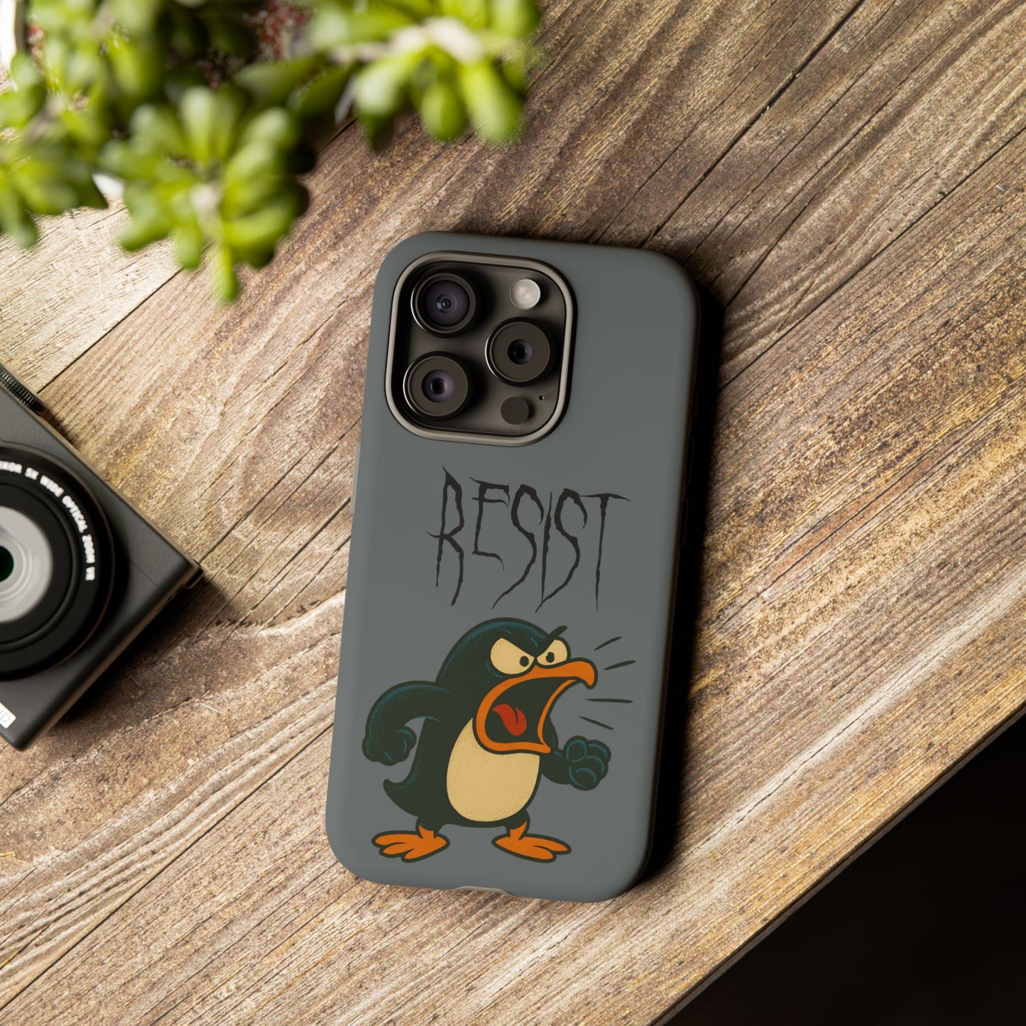 Resist Angry Penguin Phone Case — Protective iPhone Case with Bold Cartoon Design